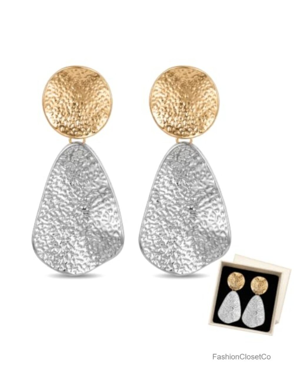 Geometric Two-Tone Dangle Earrings Hammered Metal Women's